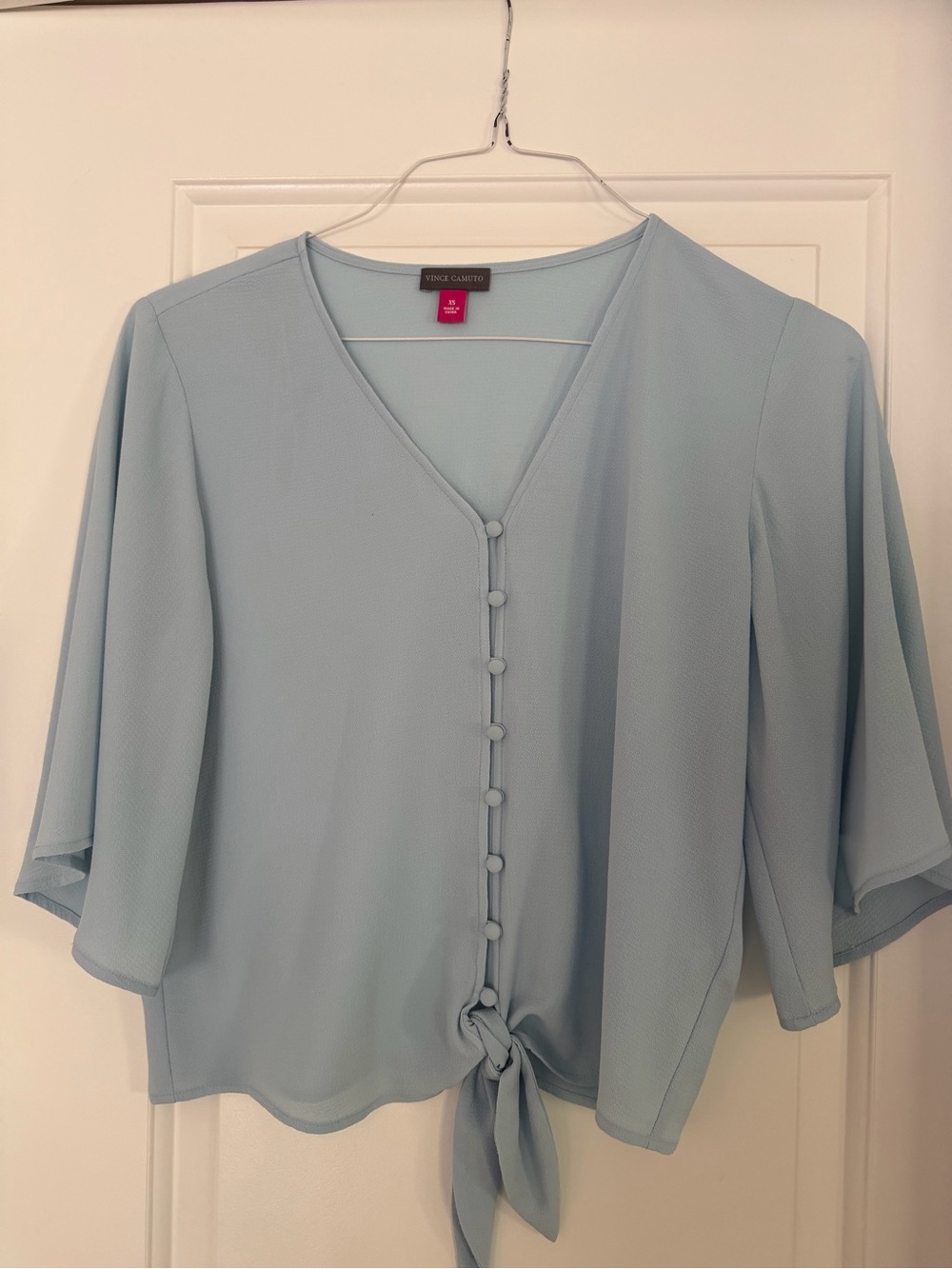 Vince Camuto Pale Blue Button-Front Tie Hem Blouse